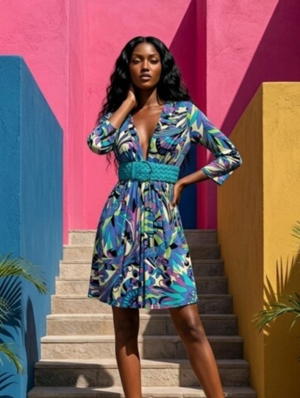 100% Silk Sky- Multicolor Abstract Print Mini Dress - Blue Green Teal